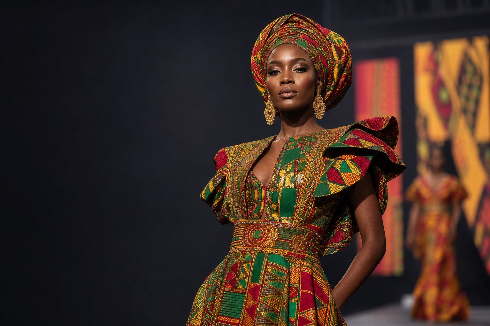 Tenue de cérémonie en kente brodée d'or.